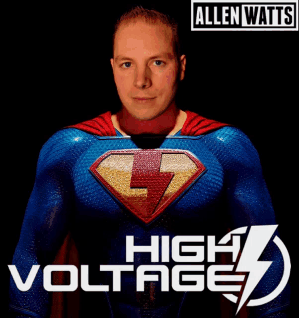 a man in a superman costume stands in front of a high voltage sign