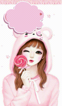 a girl in a pink hoodie is holding a lollipop with the letter p above her head