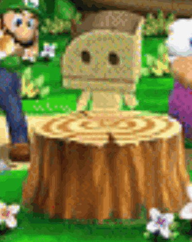 a cartoon character is standing next to a tree stump with a cardboard box on top of it .