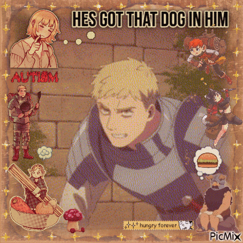 a picture of a man with the words he 's got that dog in him on it