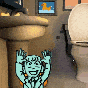 a cartoon character is standing in a bathroom next to a toilet and sink