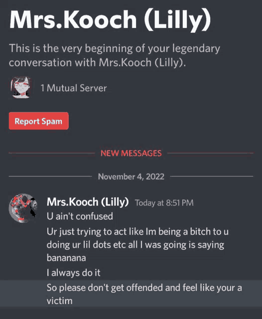 a screenshot of a conversation with mrs. kooch lilly