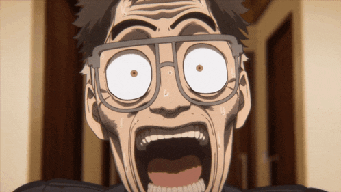 a man wearing glasses is making a funny face with his mouth open