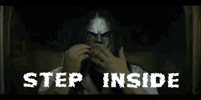 a person with a mask on their face and the words step inside behind them