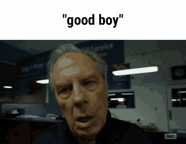 a man in a black shirt says " good boy " in front of a service sign