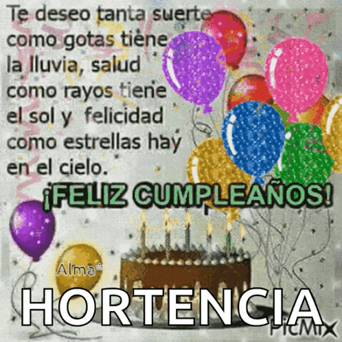 a birthday card with a cake and balloons says " feliz cumpleanos "