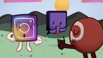 a group of cartoon characters are standing next to each other in a grassy field .