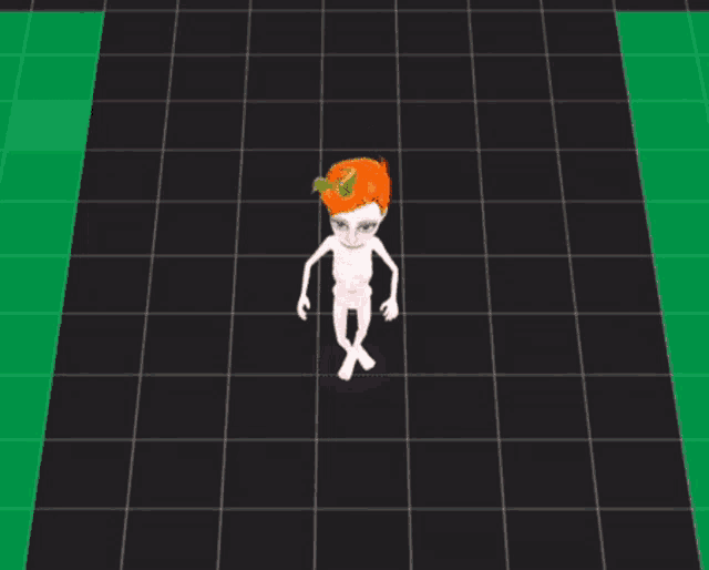 a cartoon character with a pumpkin on his head is walking on a grid