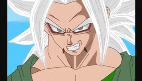a close up of a cartoon character with white hair and a green shirt