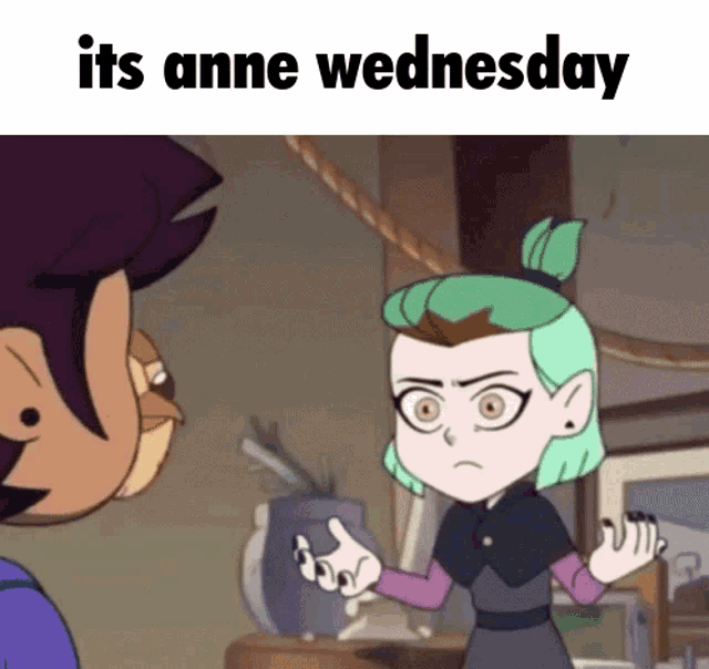a cartoon of a girl talking to a man with the words it 's anne wednesday