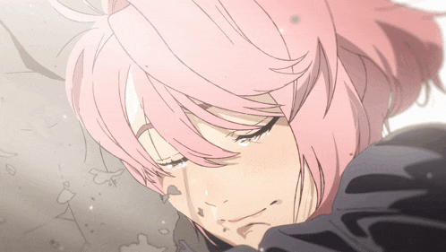 a drawing of a girl with pink hair crying with her eyes closed