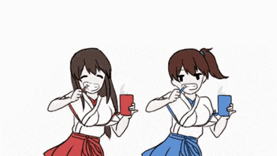 two anime girls are brushing their teeth and drinking