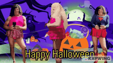 a happy halloween greeting from kapwing with three women in costumes