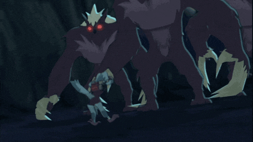 a cartoon of a monster with red eyes standing next to a person
