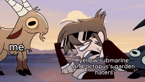 a cartoon of a goat and a man talking about yellow submarine and octopus 's garden