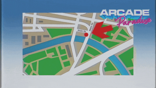 an arcade paradise map with a red arrow pointing to main st.