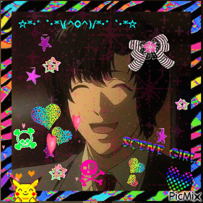 a picture of a man in a suit and tie is surrounded by colorful hearts and skulls .