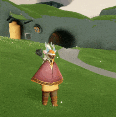 a cartoon character wearing a helmet and a cape stands in a field