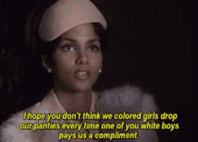 a woman in a hat says i hope you don 't think we colored girls drop our panties every time one of you white boys