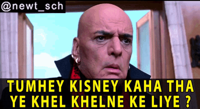 a picture of a bald man with a caption that says tumhey kishey kaha tha ye khel khelne ke liye