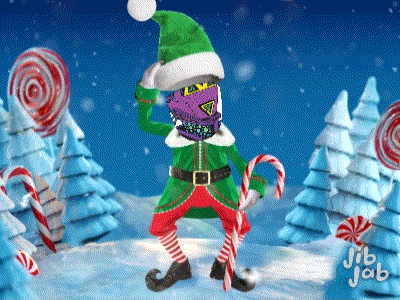 a christmas elf is holding a candy cane in front of candy canes and trees