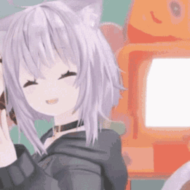 a cartoon girl with a cat ear is smiling and holding a cell phone .