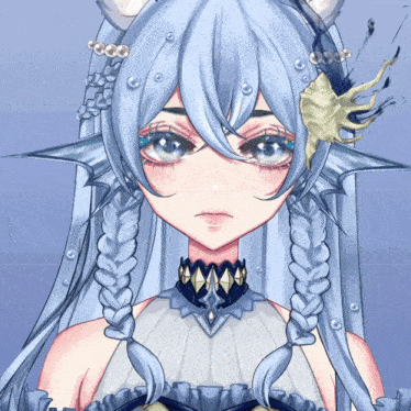 a drawing of a girl with blue hair