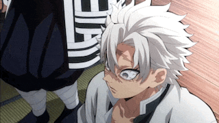 a close up of a person 's face with white hair in a cartoon .