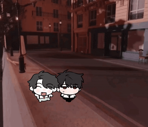 a couple of cartoon characters standing on a street