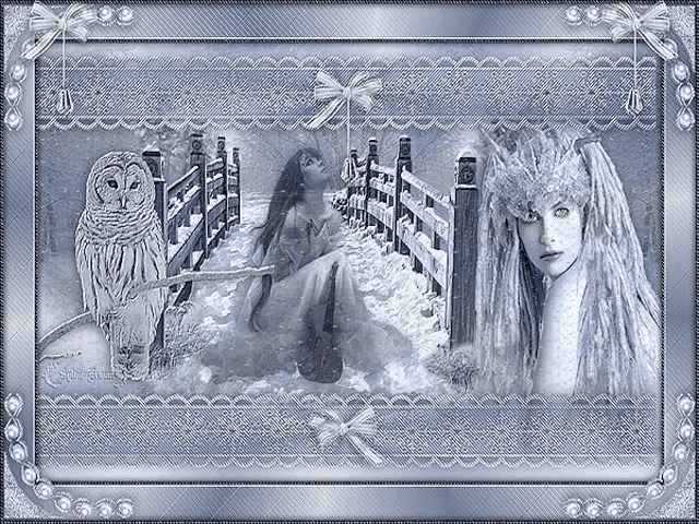 a picture of a woman in a white dress and an owl