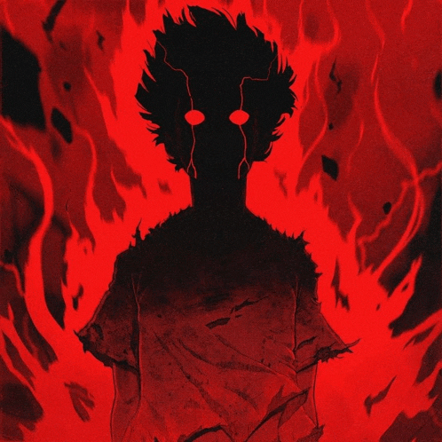 a silhouette of a person with glowing eyes surrounded by flames