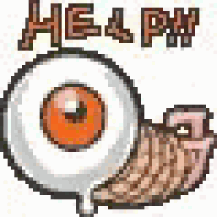 a pixel art illustration of a giant eye with the words `` help '' written on it .