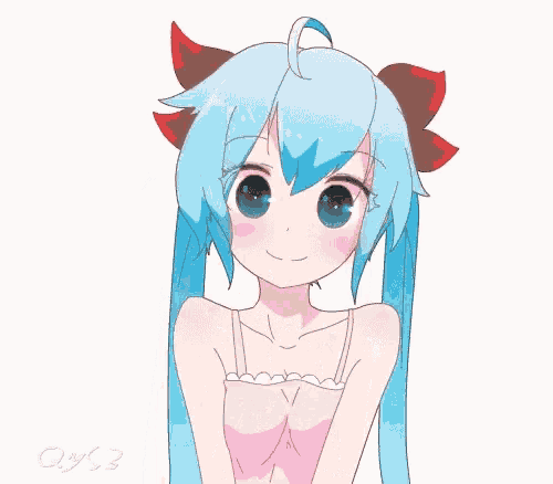 a girl with blue hair making a heart with her hands