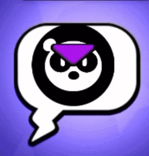 a black and white speech bubble with a purple triangle in the middle
