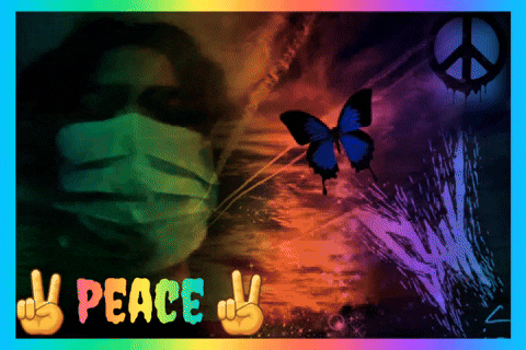 a peace sign with a butterfly and a man wearing a face mask