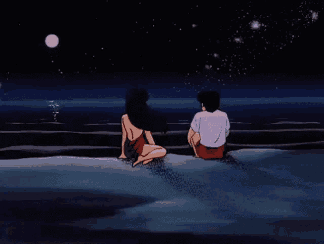 a man and a woman are sitting on a rock in the water at night looking at the moon .