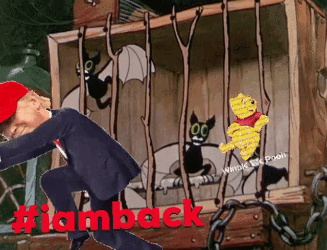 a man in a suit and red hat is jumping in front of a cage with winnie the pooh on it