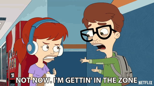 a cartoon of a boy and a girl with the words not now i 'm gettin ' in the zone
