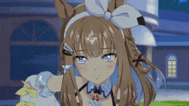 a girl with brown hair and blue eyes is wearing a white bow
