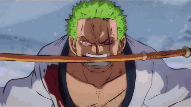 a cartoon character with a sword in his mouth