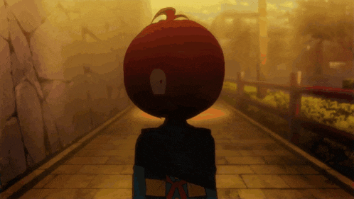 a cartoon character with a big red head is walking down a sidewalk