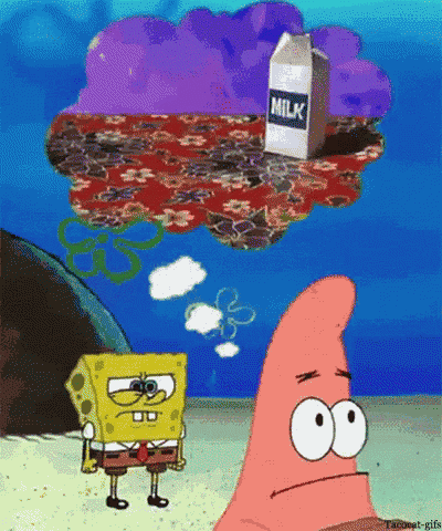 spongebob and patrick from spongebob squarepants are looking at a box of milk