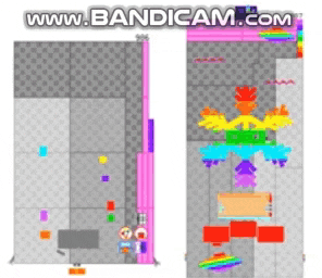 a video game is being played on a cell phone with a rainbow flag on the screen .