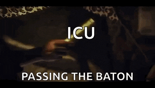 a person is passing a baton to another person with the words `` icu passing the baton '' written above them .