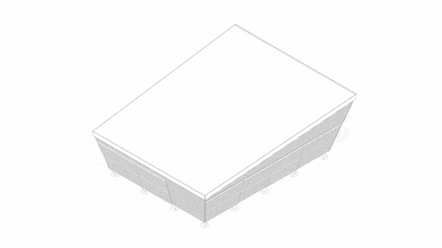 a black and white drawing of a building with a roof and stairs .