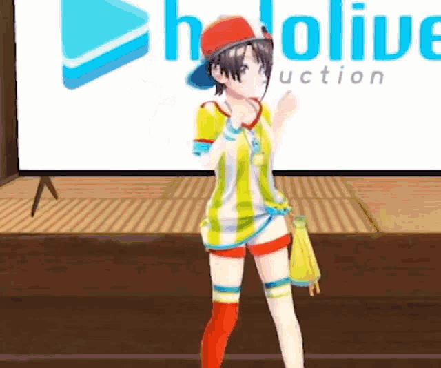 a 3d anime girl is standing on a stage in front of a hollive logo .