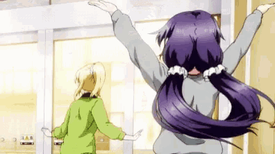 two anime girls are standing next to each other with their arms outstretched