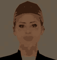 a close up of a person 's face in a red background .