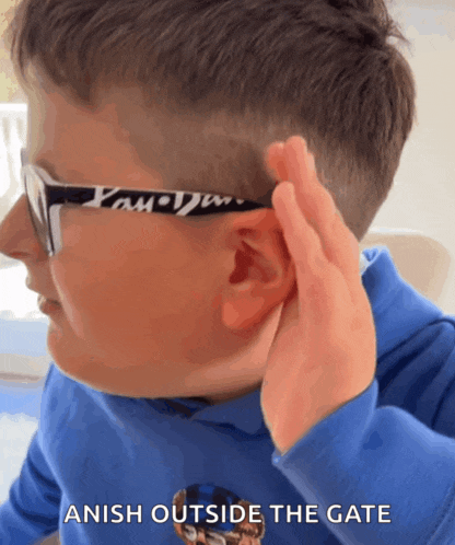 a young boy wearing sunglasses with the words anish outside the gate on the bottom