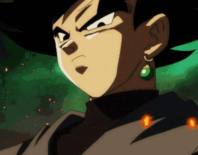 a close up of a cartoon character with a green earring on his left ear